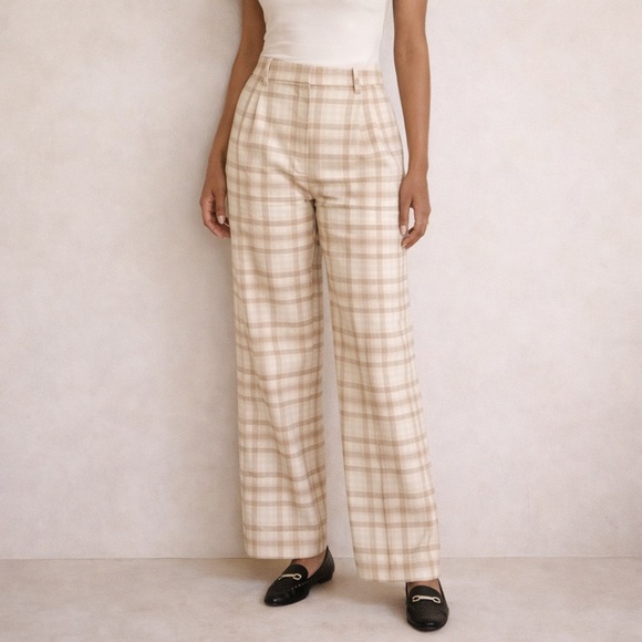 Aritzia Wilfred Effortless Plaid Wide Leg Trouser Darted High Waist Check 0 - Picture 2 of 15